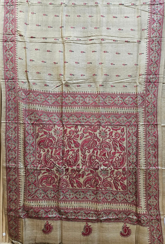 Luxurious Katan Silk| Balaram Saha's Black Village Scene Kantha Stitch Saree Balaram Saha