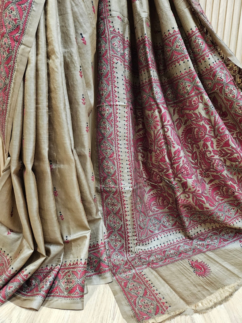 Luxurious Katan Silk| Balaram Saha's Black Village Scene Kantha Stitch Saree Balaram Saha