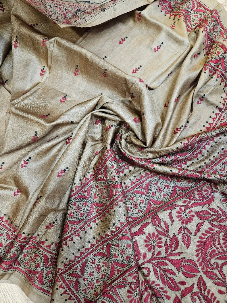Luxurious Katan Silk| Balaram Saha's Black Village Scene Kantha Stitch Saree Balaram Saha