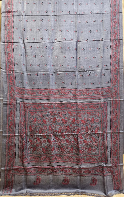 Masterpiece of Artistry: Indigo & Red tussar Silk Kantha Stitch Saree Balaram Saha Balaram Saha