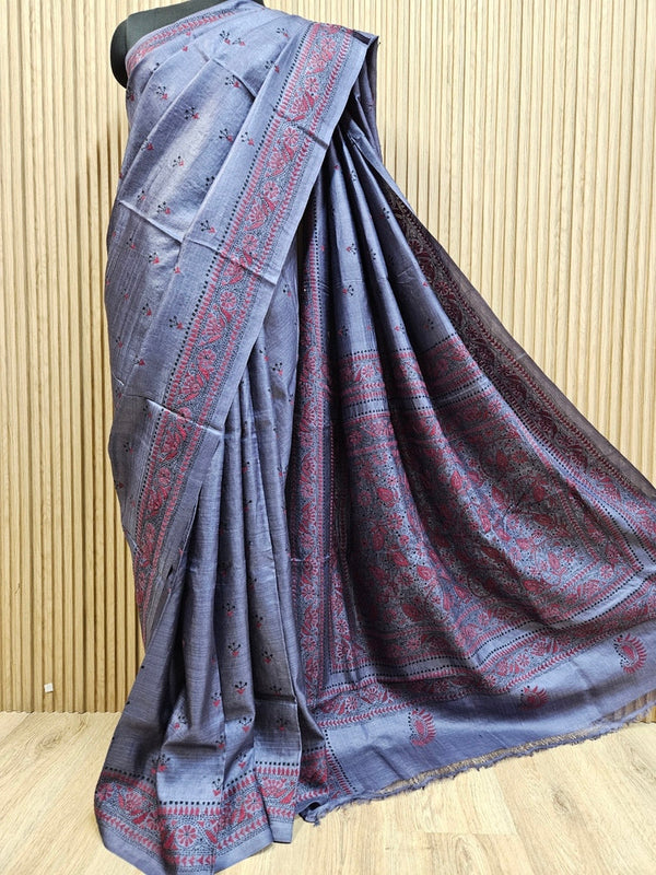 Masterpiece of Artistry: Indigo & Red tussar Silk Kantha Stitch Saree Balaram Saha Balaram Saha