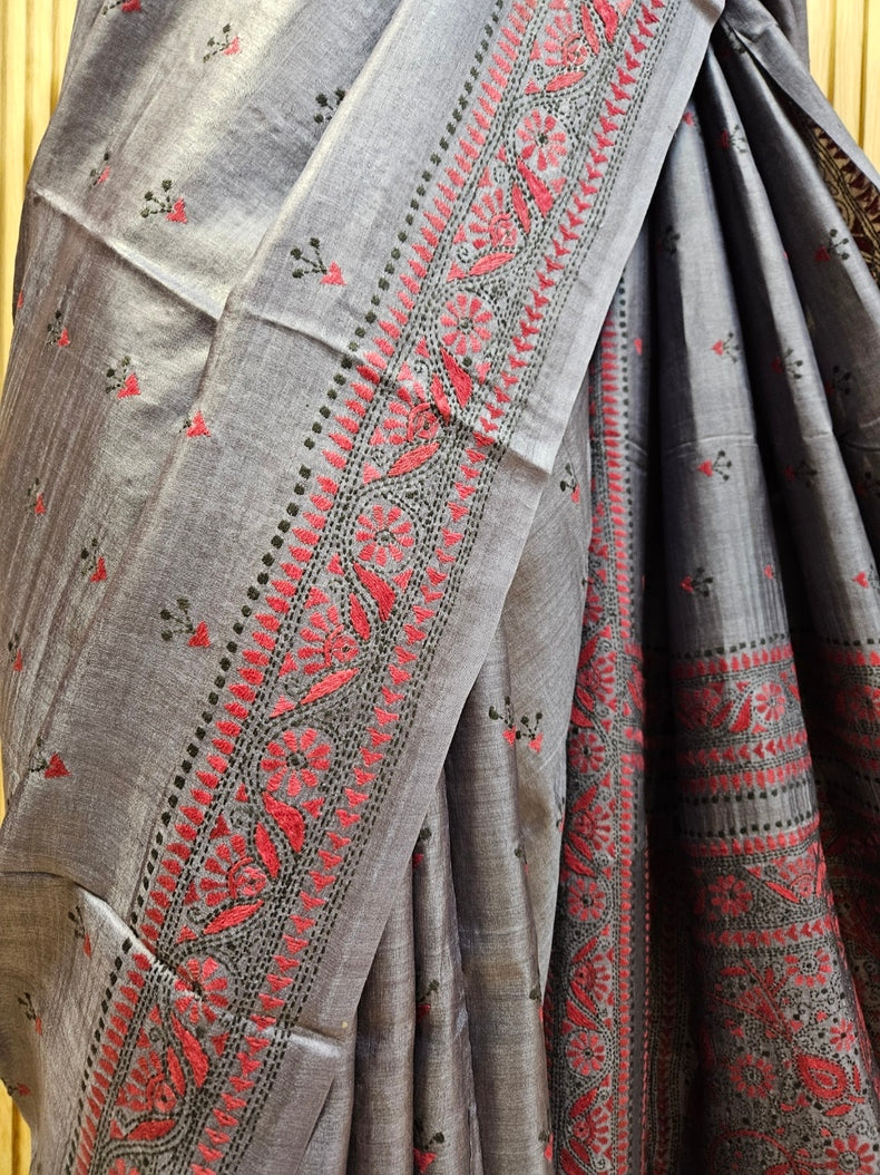 Handwoven Pure Tussar Silk Kantha Work Fabric 01
