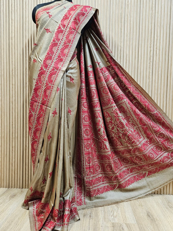 Balaram Saha Presents: Mustard Handloom Hand Embroidered Tussar Silk Saree for Timeless Grace Balaram Saha