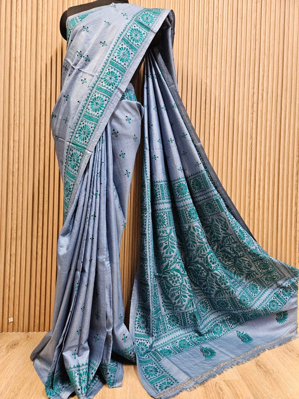 Balaram Saha's Grey &amp; Green Tussar Silk Kantha Stitch Saree Balaram Saha