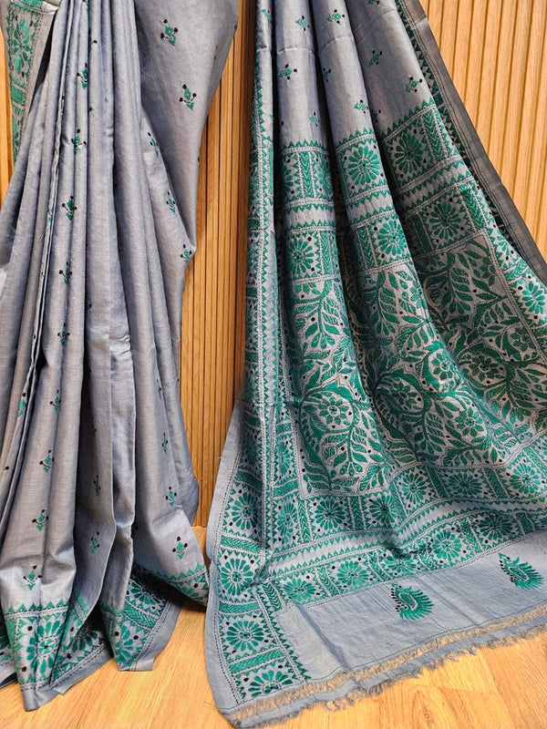 Balaram Saha's Grey &amp; Green Tussar Silk Kantha Stitch Saree Balaram Saha