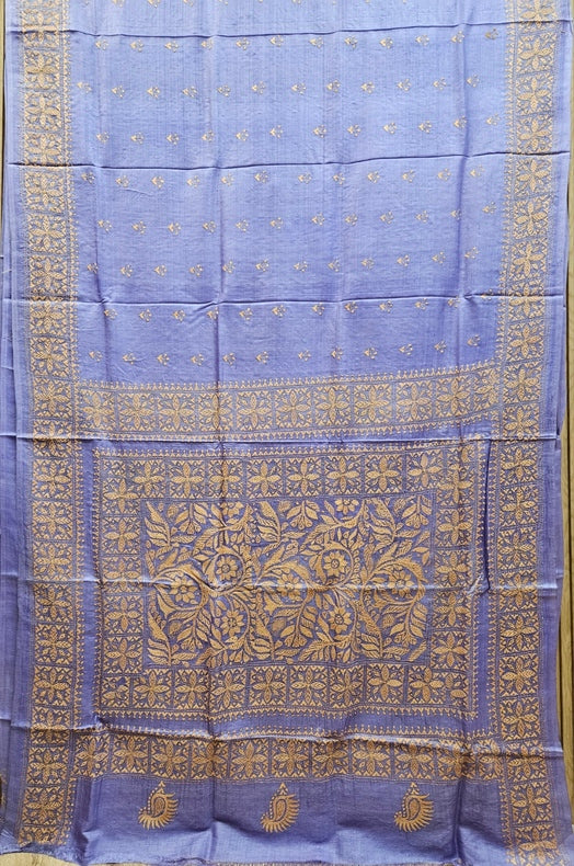 Balaram Saha Presents: Green Handloom Katan Silk Kantha Saree – A True Masterpiece Balaram Saha