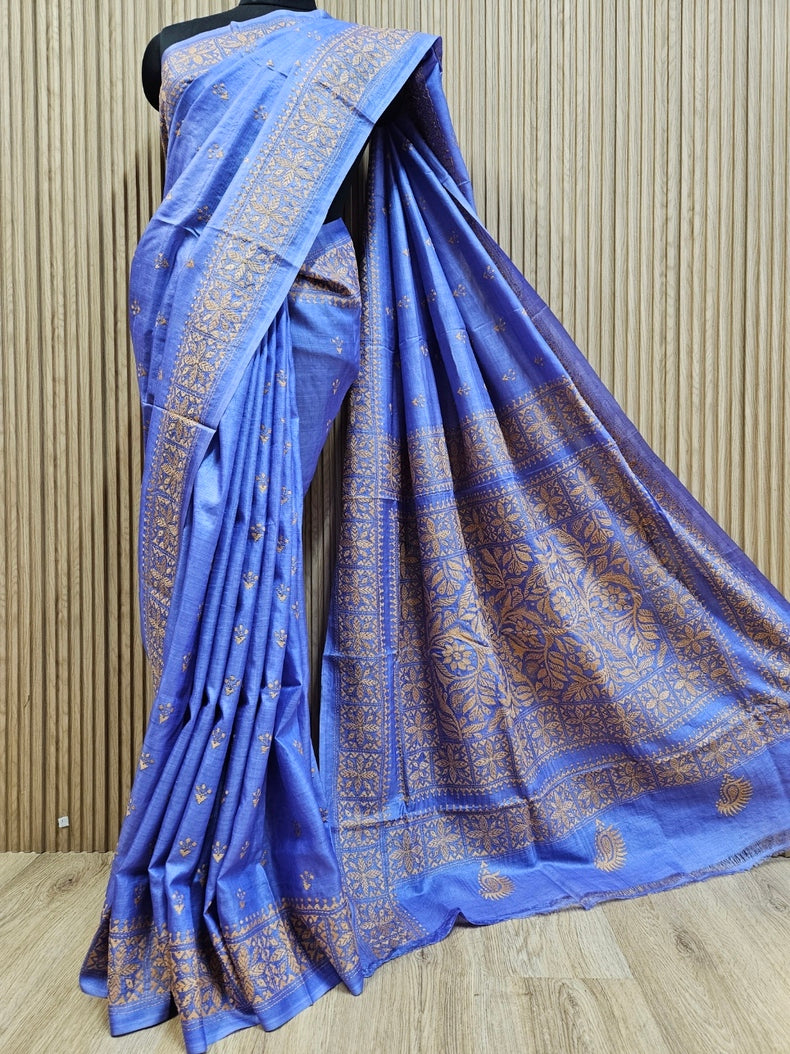 Balaram Saha Presents: Green Handloom Katan Silk Kantha Saree – A True Masterpiece Balaram Saha
