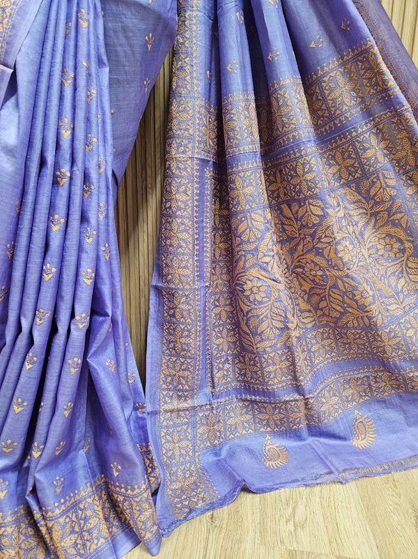 Balaram Saha Presents: Green Handloom Katan Silk Kantha Saree – A True Masterpiece Balaram Saha
