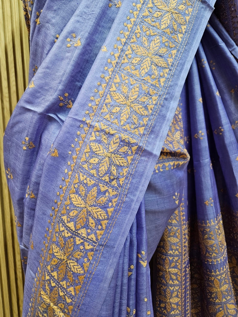 Balaram Saha Presents: Green Handloom Katan Silk Kantha Saree – A True Masterpiece Balaram Saha