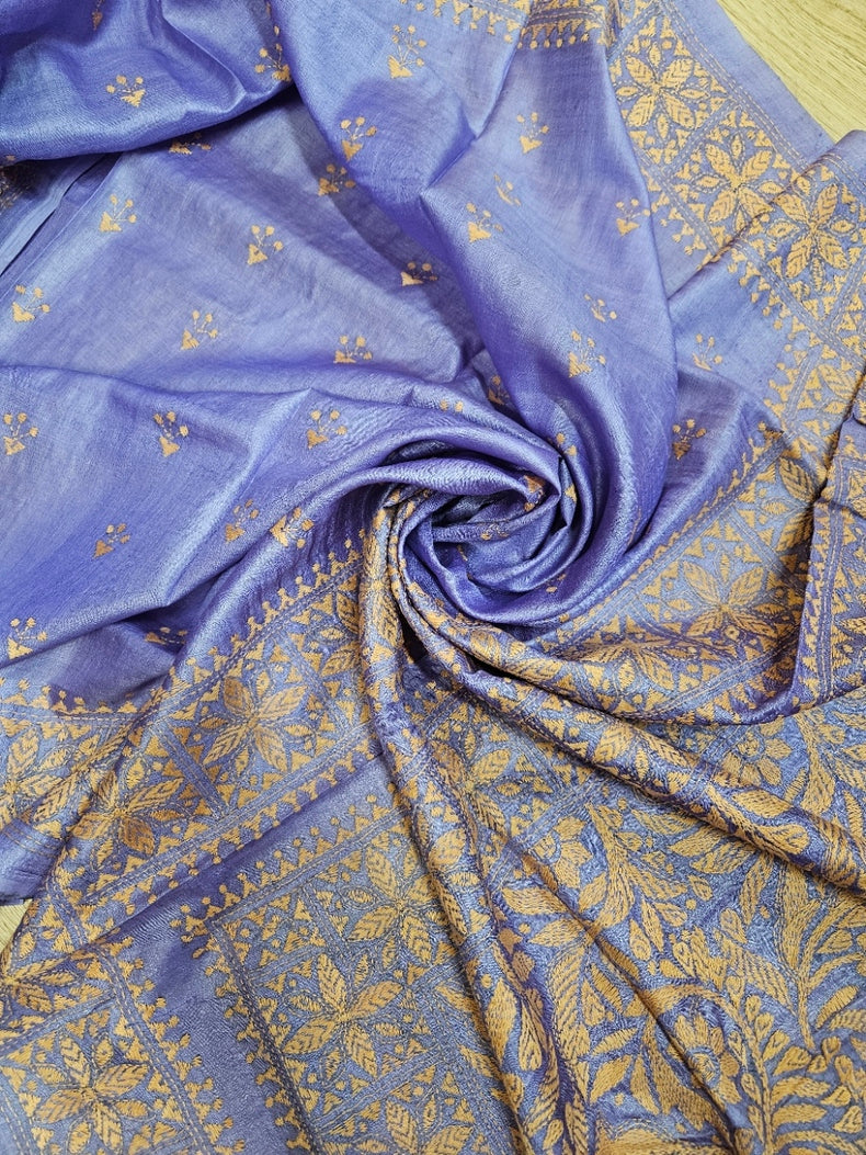 Balaram Saha Presents: Green Handloom Katan Silk Kantha Saree – A True Masterpiece Balaram Saha