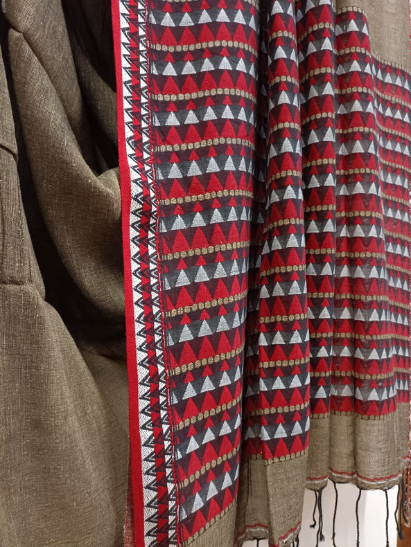 Light Brown Handloom Tussar Silk Saree With Woven Border Balaram Saha