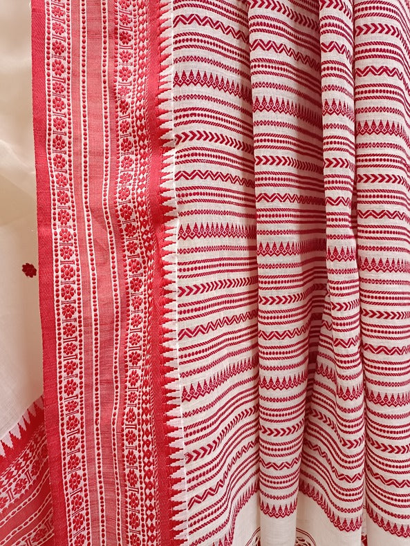 White & Red Soft Handloom Cotton Saree Balaram Saha