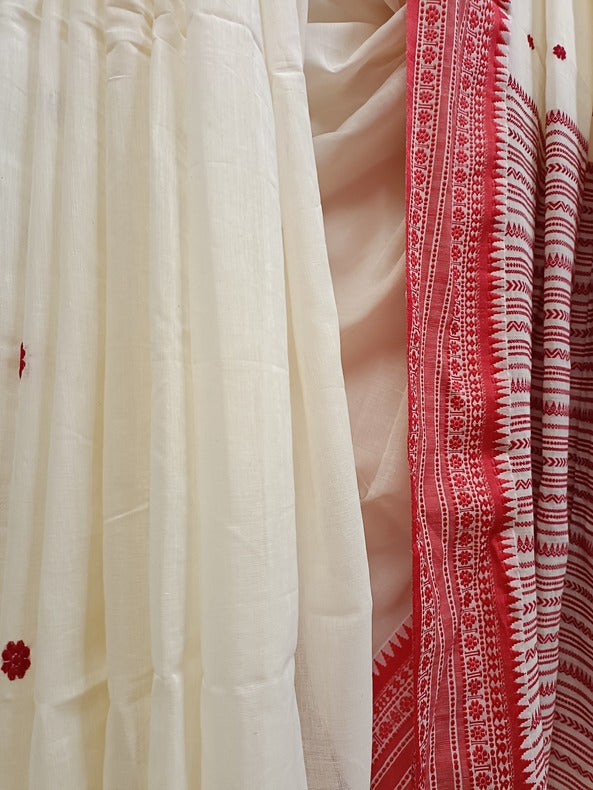 White & Red Soft Handloom Cotton Saree Balaram Saha