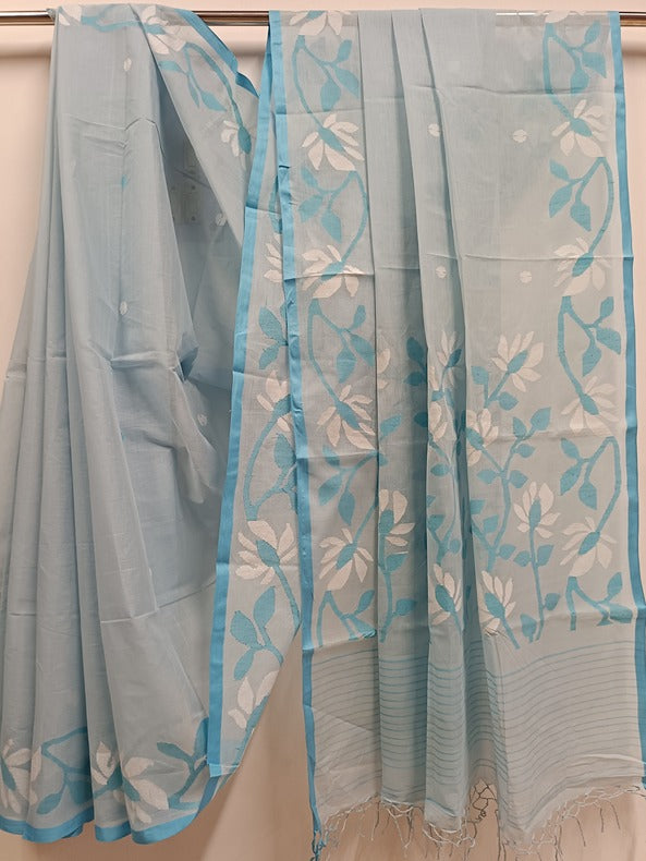 Sky Blue Handloom Handwoven Cotton Jamdani saree 