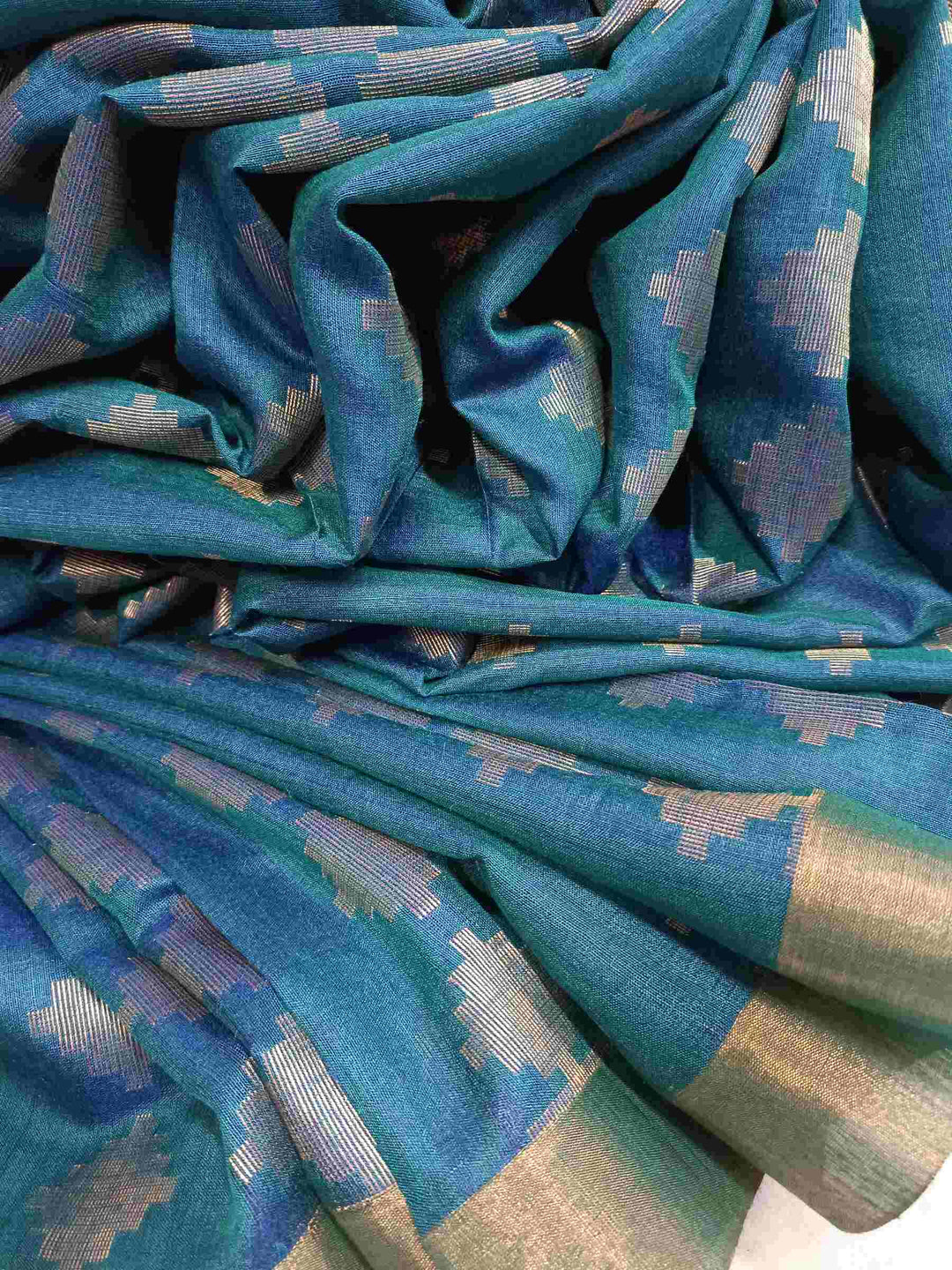 Peacock Blue Soft Handloom Zari Woven Tussar Silk Saree Balaram Saha