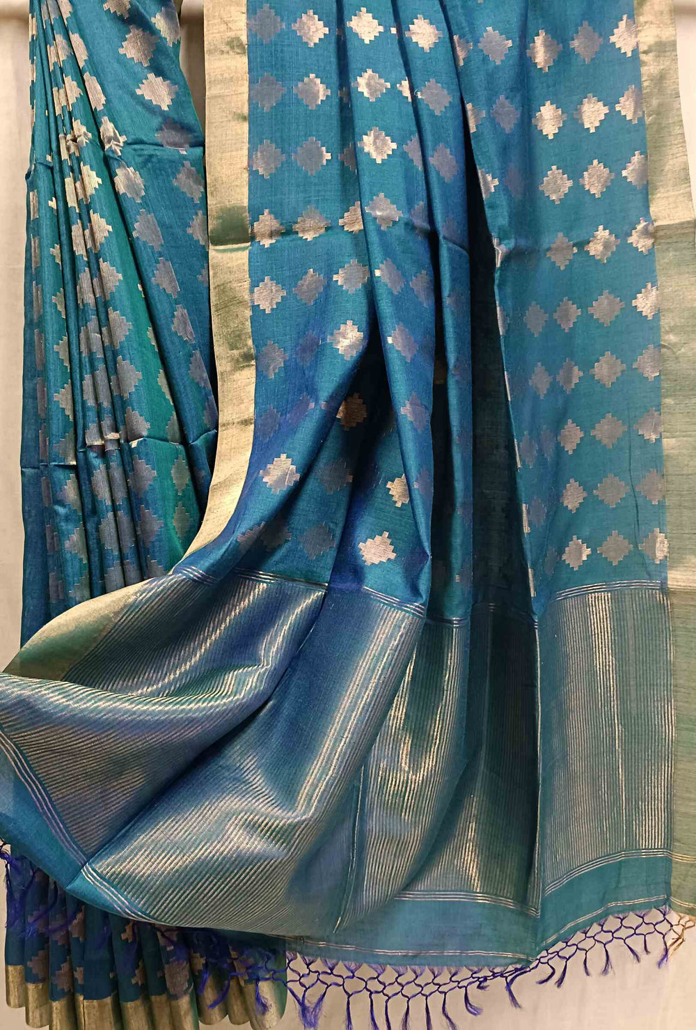Peacock Blue Soft Handloom Zari Woven Tussar Silk Saree Balaram Saha