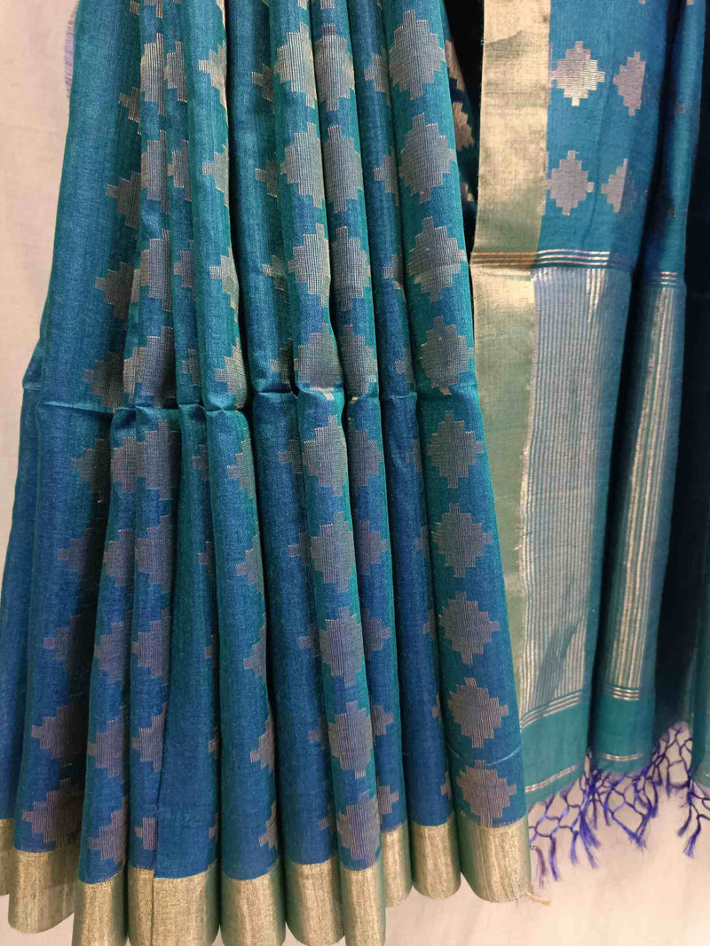 Peacock Blue Soft Handloom Zari Woven Tussar Silk Saree Balaram Saha