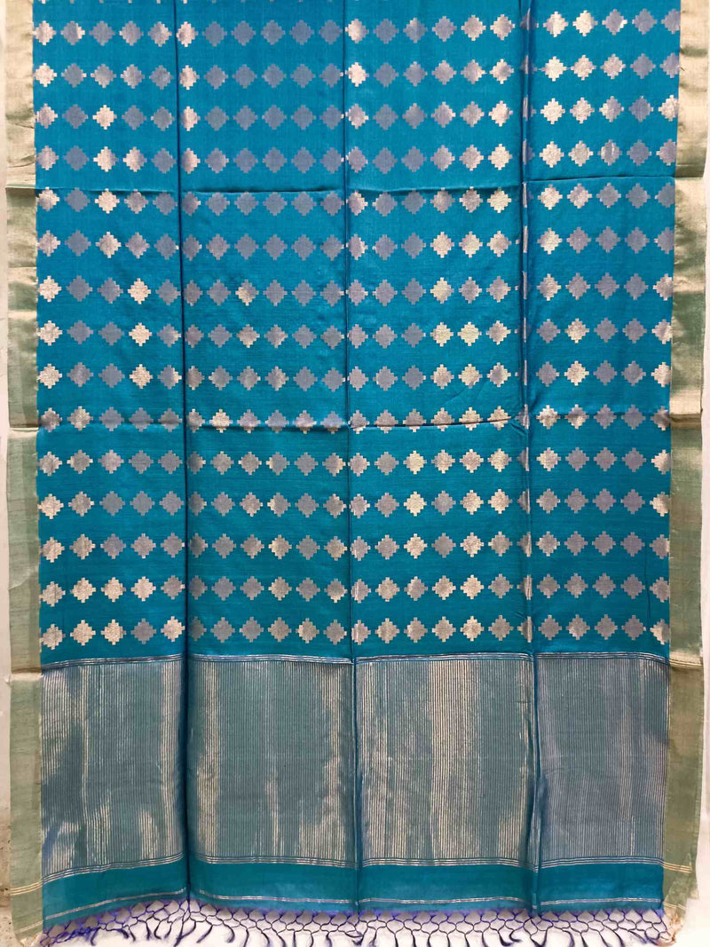 Peacock Blue Soft Handloom Zari Woven Tussar Silk Saree Balaram Saha