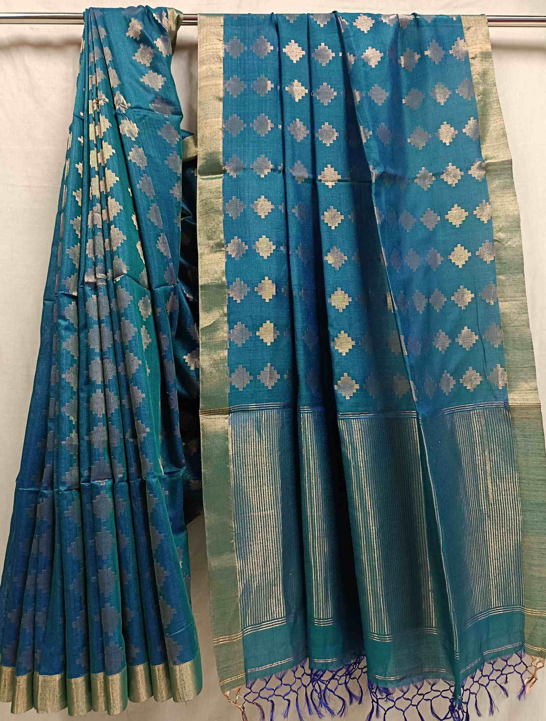 Peacock Blue Soft Handloom Zari Woven Tussar Silk Saree Balaram Saha