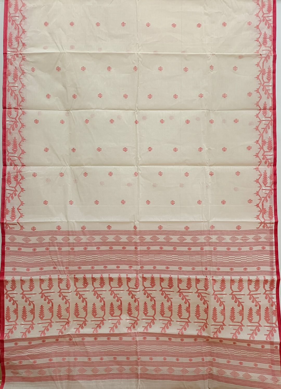 White and Red Handloom Tradition Handwoven Cotton Jamdani Saree Balaram Saha