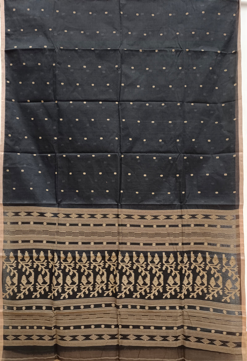 Black and Beige Handloom Traditional Handwoven Cotton Jamdani Saree Balaram Saha