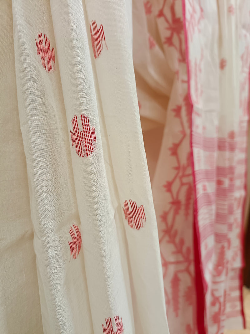 White and Red Handloom Tradition Handwoven Cotton Jamdani Saree Balaram Saha