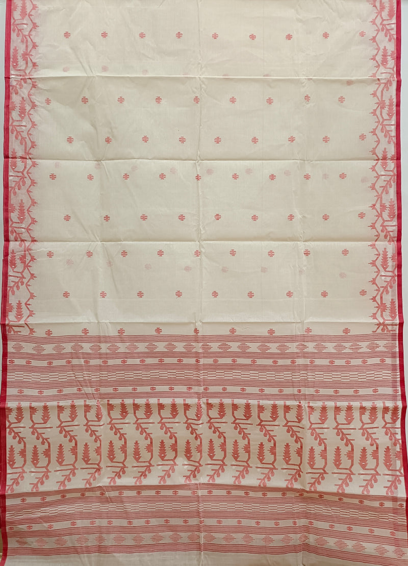 White and Red Handloom Tradition Handwoven Cotton Jamdani Saree Balaram Saha