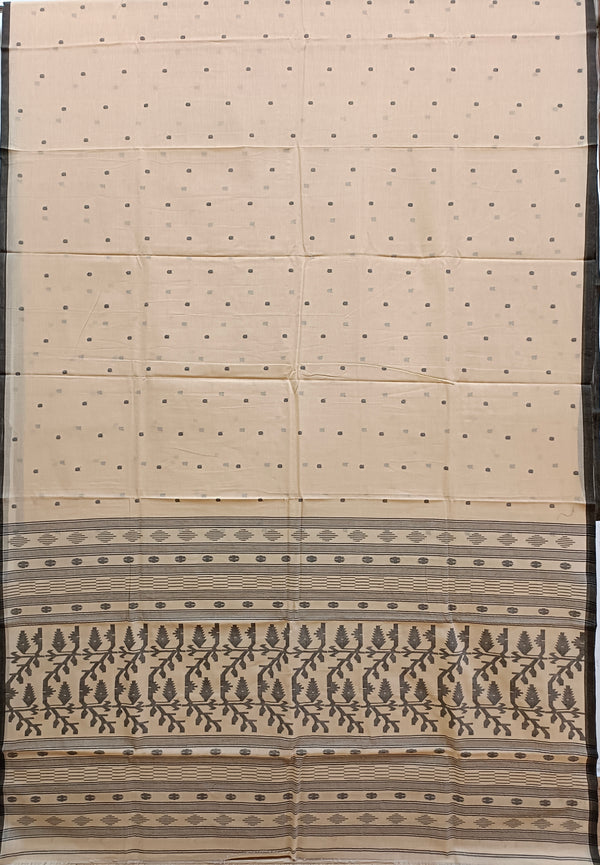 Beige and Black Handloom Traditional Handwoven Cotton Jamdani Saree Balaram Saha