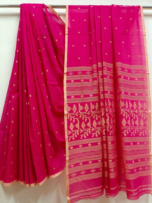 Deep-Pink and  Beige Handloom Traditional Handwoven Cotton Jamdani Saree Balaram Saha