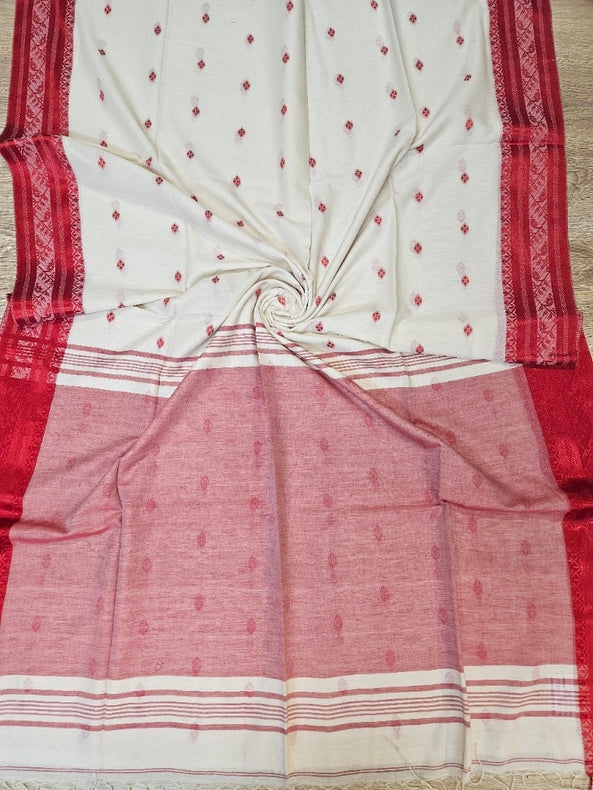 Off-White & Red Fine Quality  Handloom Cotton Saree Balaram Saha