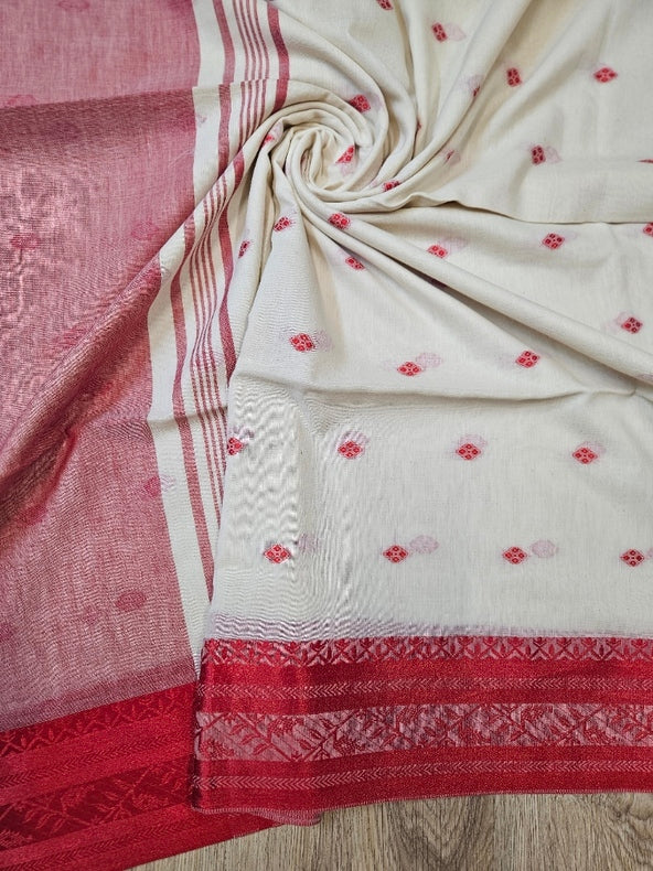 Off-White & Red Fine Quality  Handloom Cotton Saree Balaram Saha