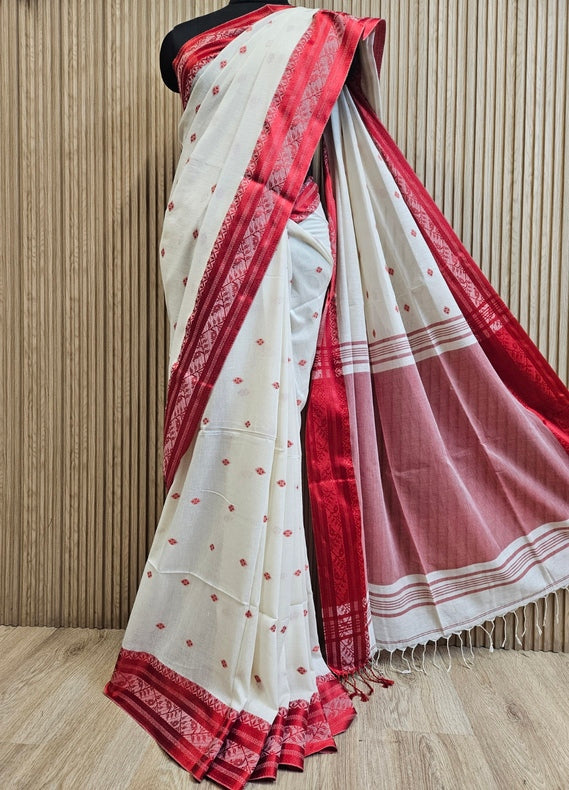 Off-White & Red Fine Quality  Handloom Cotton Saree Balaram Saha