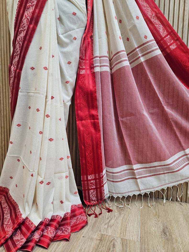 Off-White & Red Fine Quality  Handloom Cotton Saree Balaram Saha