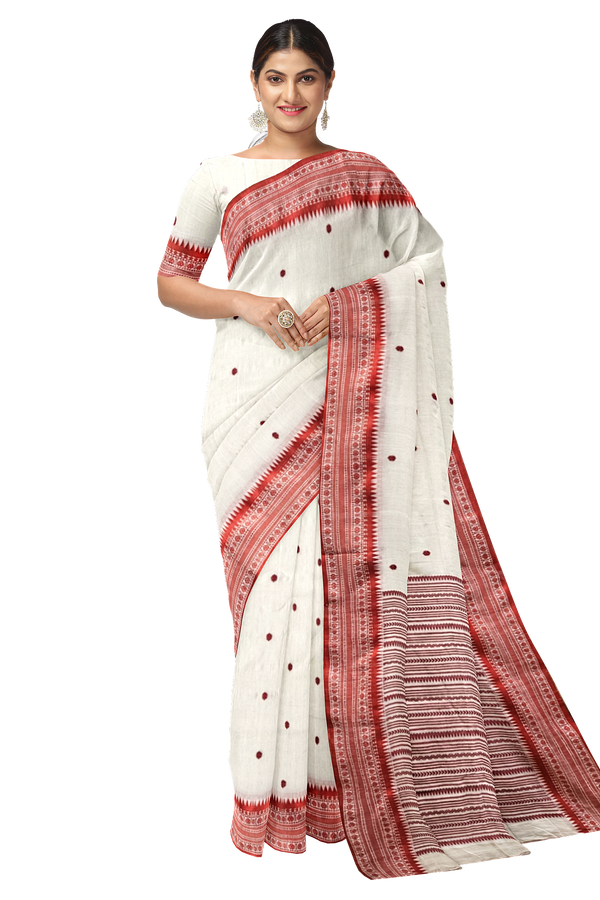 A Masterpiece by Balaram Saha: White and Red Handloom Cotton Saree Balaram Saha