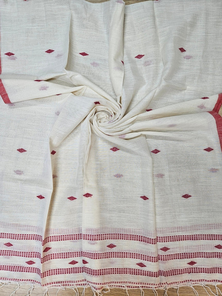 Off-White & Red Soft Handloom Cotton Dupatta Features a Delicate red Woven Motif Balaram Saha