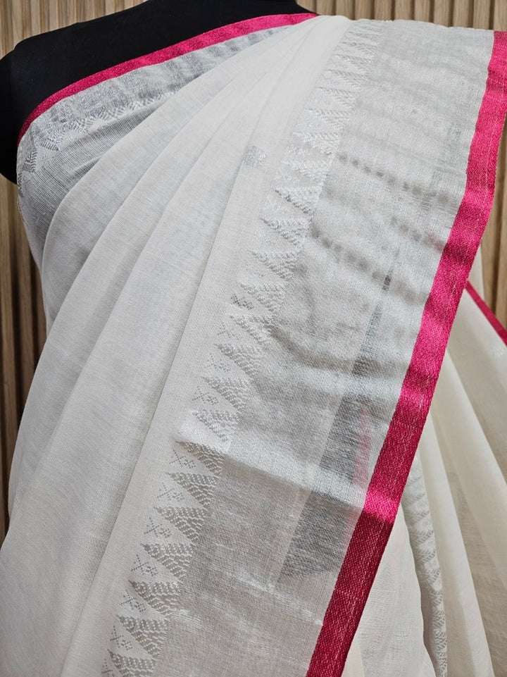 Off-White & Pink Fine Handloom Cotton Saree With Silver Zari & Pink Contrast Balaram Saha