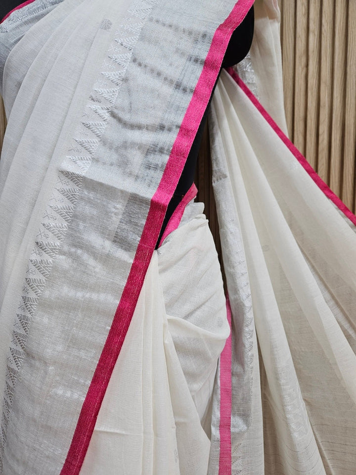 Off-White & Pink Fine Handloom Cotton Saree With Silver Zari & Pink Contrast Balaram Saha