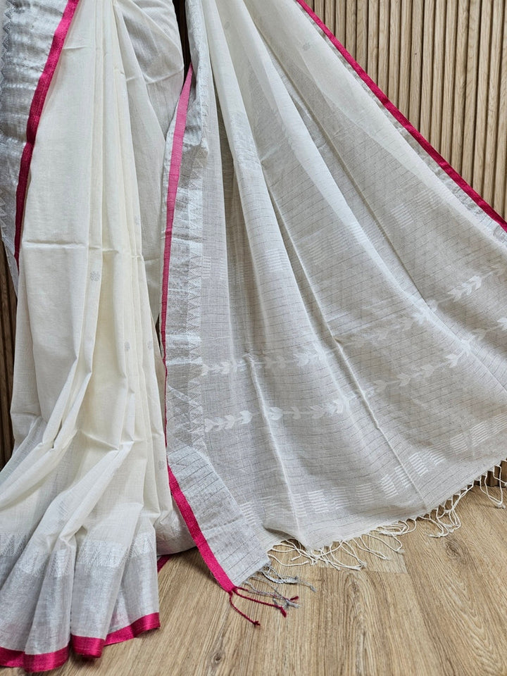 Off-White & Pink Fine Handloom Cotton Saree With Silver Zari & Pink Contrast Balaram Saha