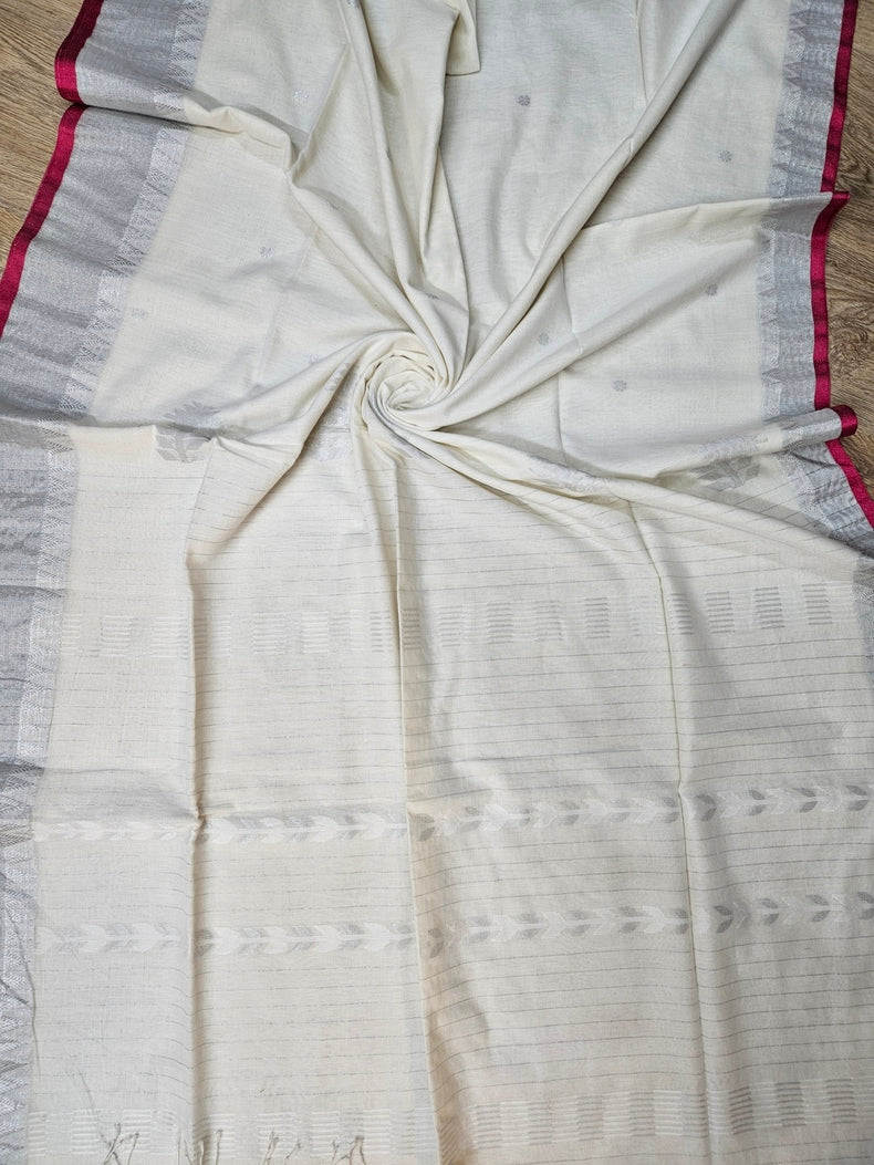 Off-White & Pink Fine Handloom Cotton Saree With Silver Zari & Pink Contrast Balaram Saha