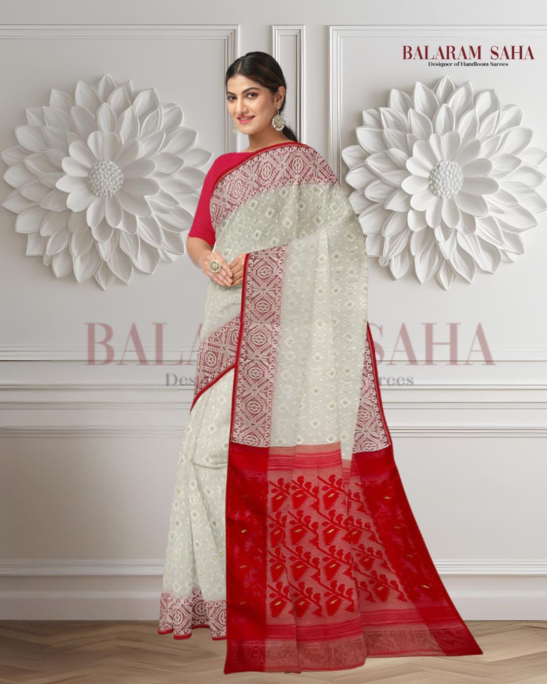 White & Red, silk by cotton handloom Jacquard Jamdani Saree Balaram Saha