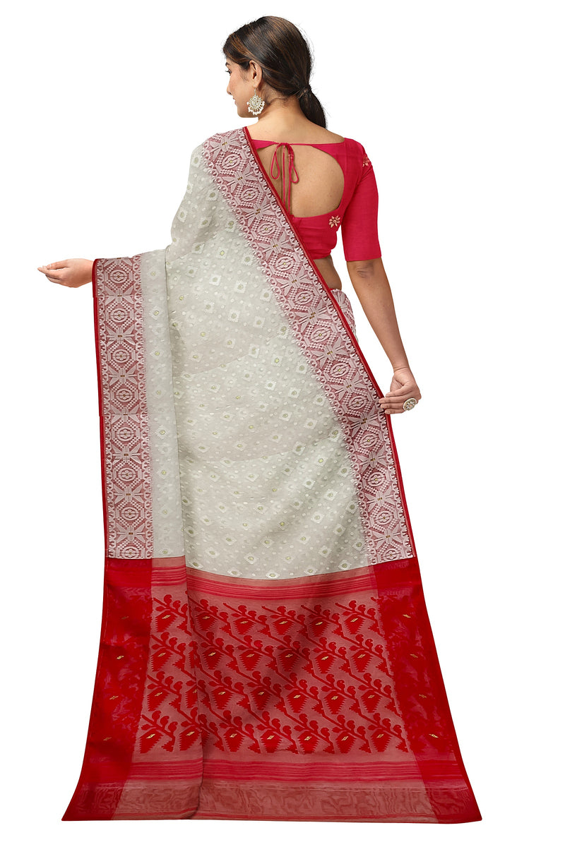 White & Red, silk by cotton handloom Jacquard Jamdani Saree Balaram Saha