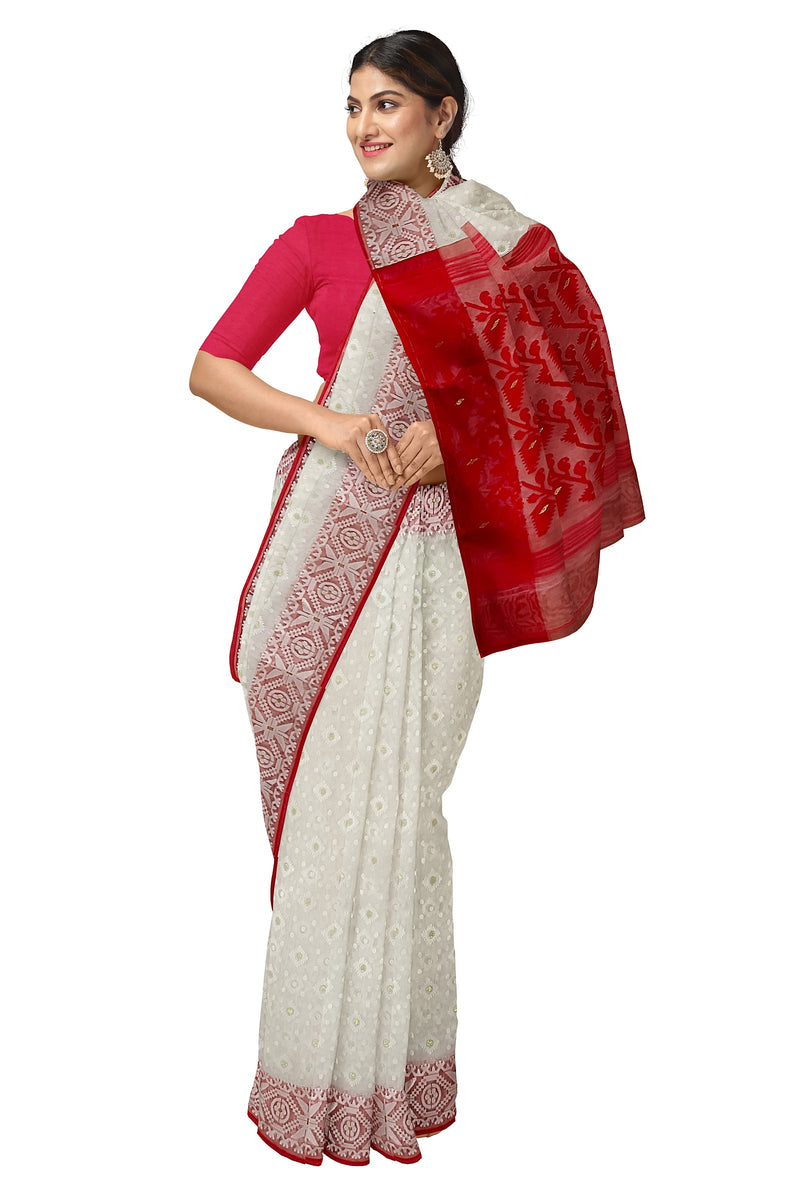White & Red, silk by cotton handloom Jacquard Jamdani Saree Balaram Saha