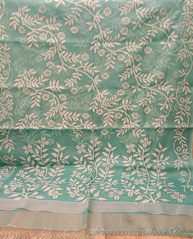 Sky Blue Muslin Silk handwoven Jamdani saree Balaram Saha