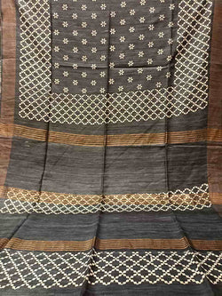Charcoal Black Tussar Silk Saree with Handblock Print Balaram Saha