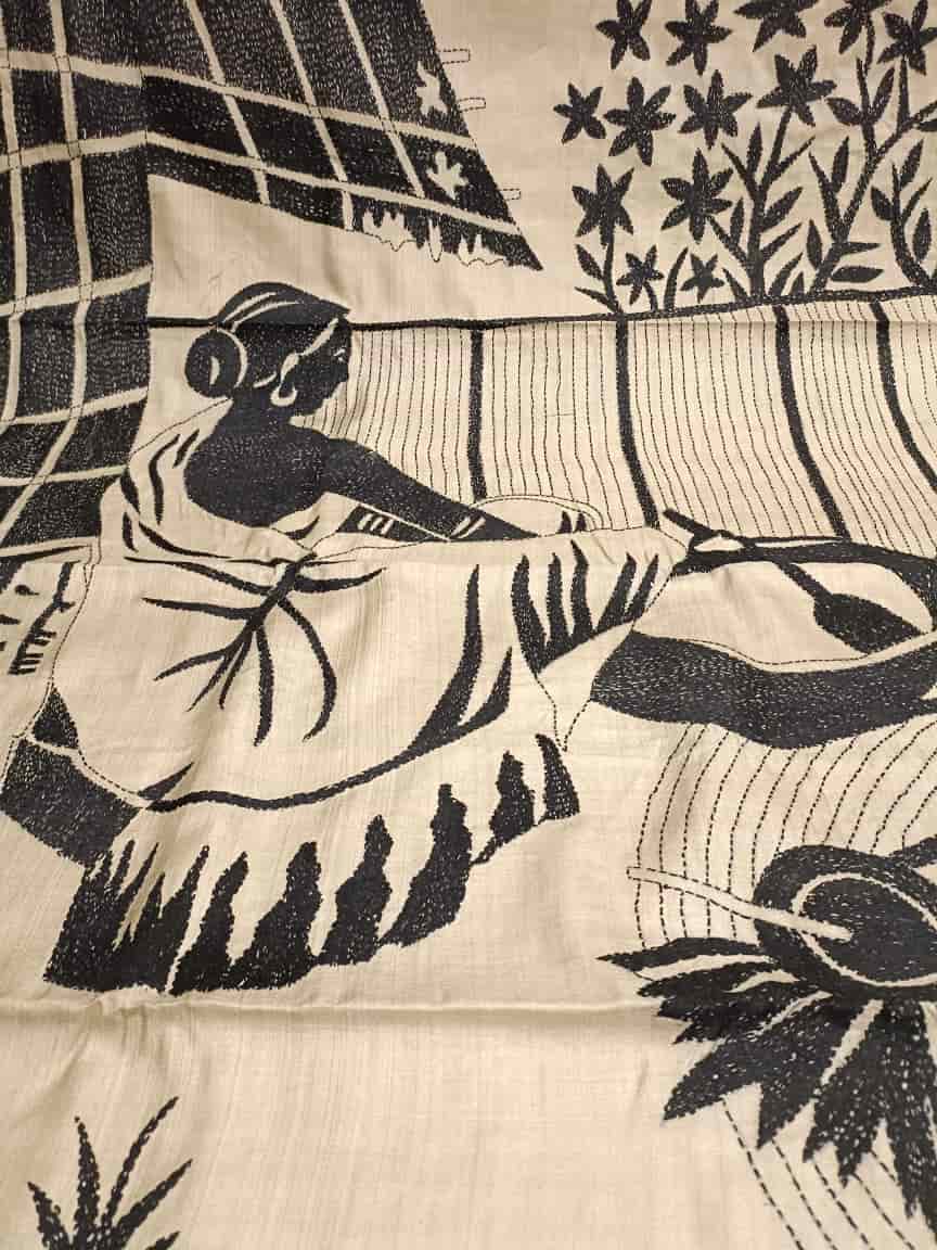 Exclusive Natural Shade & Black, Tussar Silk Kantha Saree With Black Thread Balaram Saha