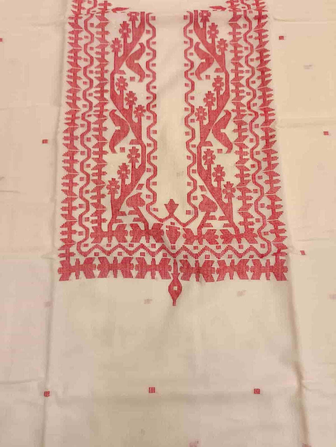 SOFT COTTON UNSTITCHED WHITE & RED JAMDANI 2 PIECE SET Balaram Saha