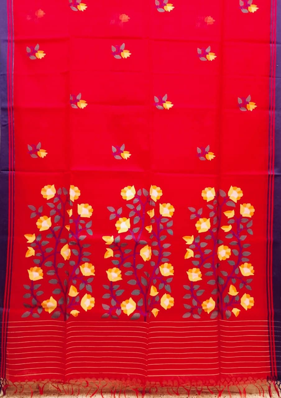 Red & Blue Handloom Muslin Silk Jamdani Saree Balaram Saha