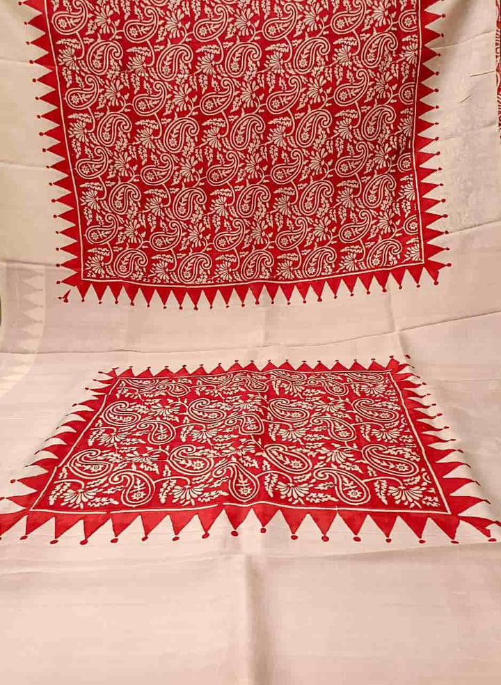 Red & White Pure Bengal Silk Handblock print saree Balaram Saha
