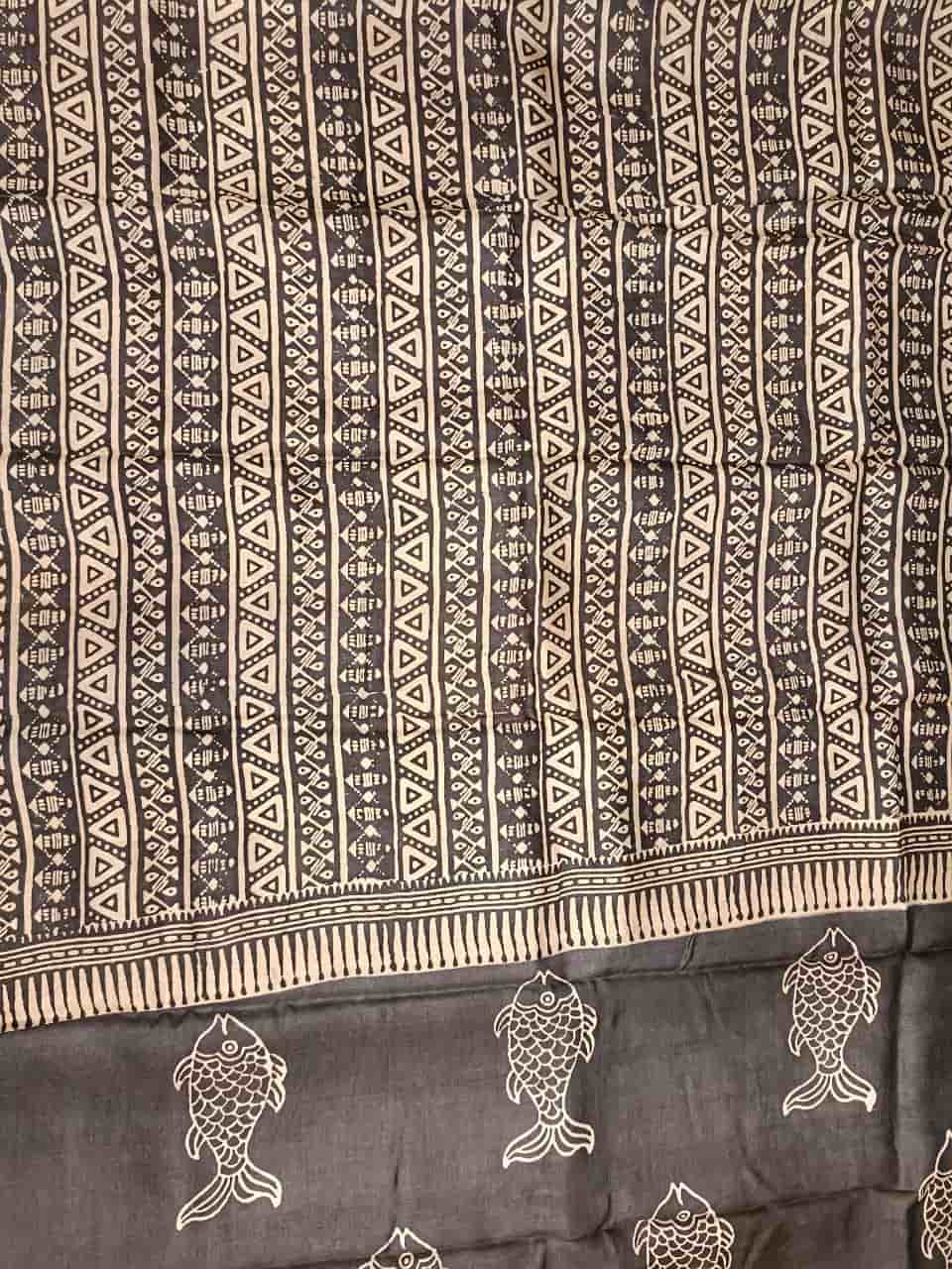Beige & Black, Tussar silk saree with geometric Handblock print Balaram Saha