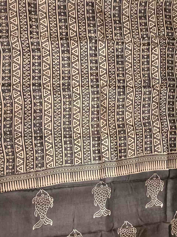 Beige & Black, Tussar silk saree with geometric Handblock print Balaram Saha